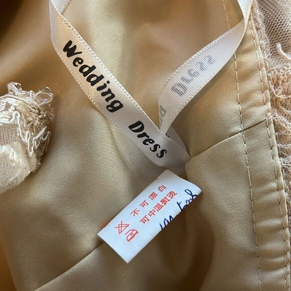 Wedding Dress Champagne Beige Boat Neck 3/4 Sleeve Corset Tie Back Midi - Picture 11 of 14